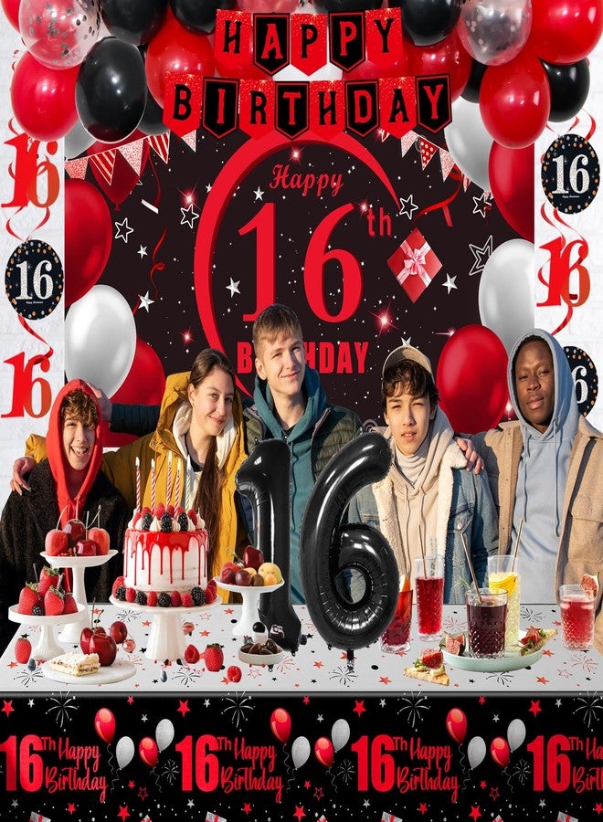 Coosilion 16th Birthday Decorations for Boys Girls Red Black, Sweet 16 Party Decorations with Happy 16th Birthday Banner Backdrop 16 Balloon Numbers Honeycomb Centerpieces Tablecloth 16 Years Old Party Supplies - Image 2